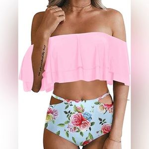 Tempt Me 2 Piece High Waisted
Bikini,Tummy Control Bottoms Ruffle Off
Shoulder